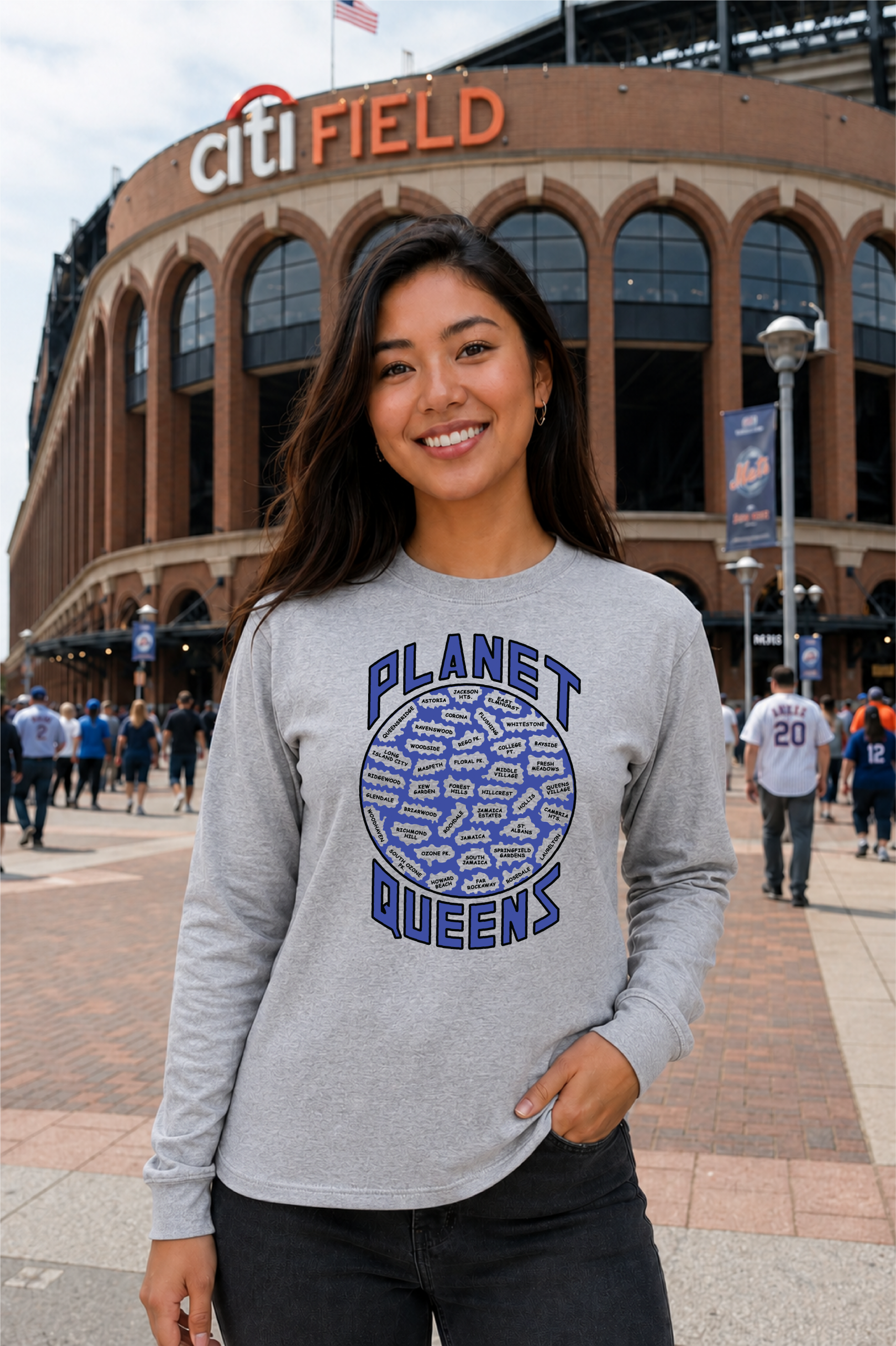 Asian woman at Citi Field Planet Queens Sports grey hoodie 2 Planet Queens Long Sleeve - Image 1