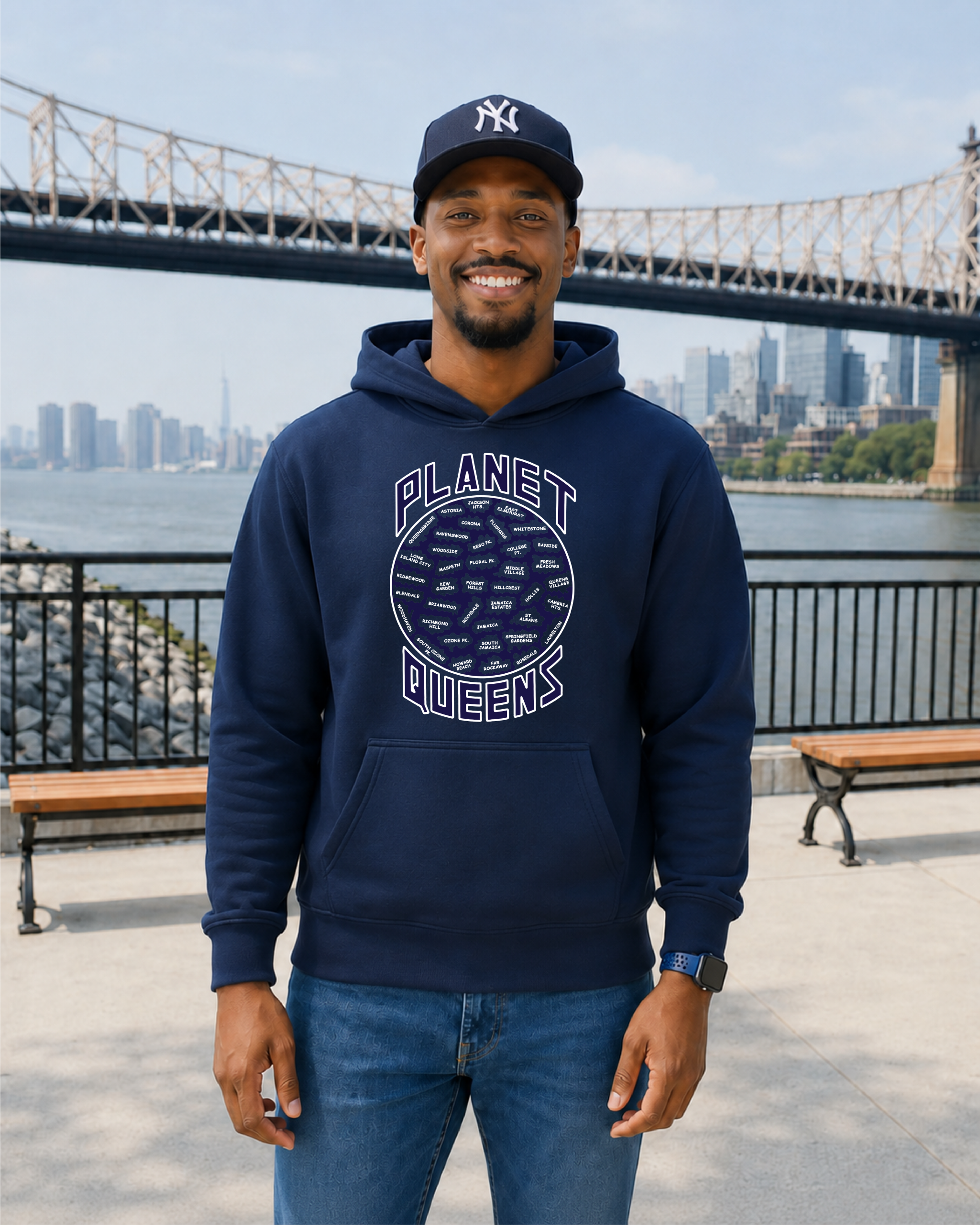 Black man Queensbridge background Planet Queens Navy blue hoodie Planet Queens Hoodie - Image 1