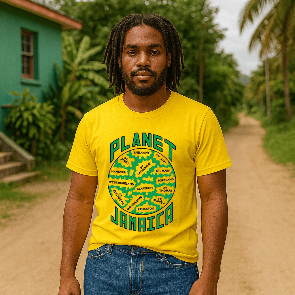 Jamaica-yellow-men.png Planet Jamaica Short Sleeve - Image 1