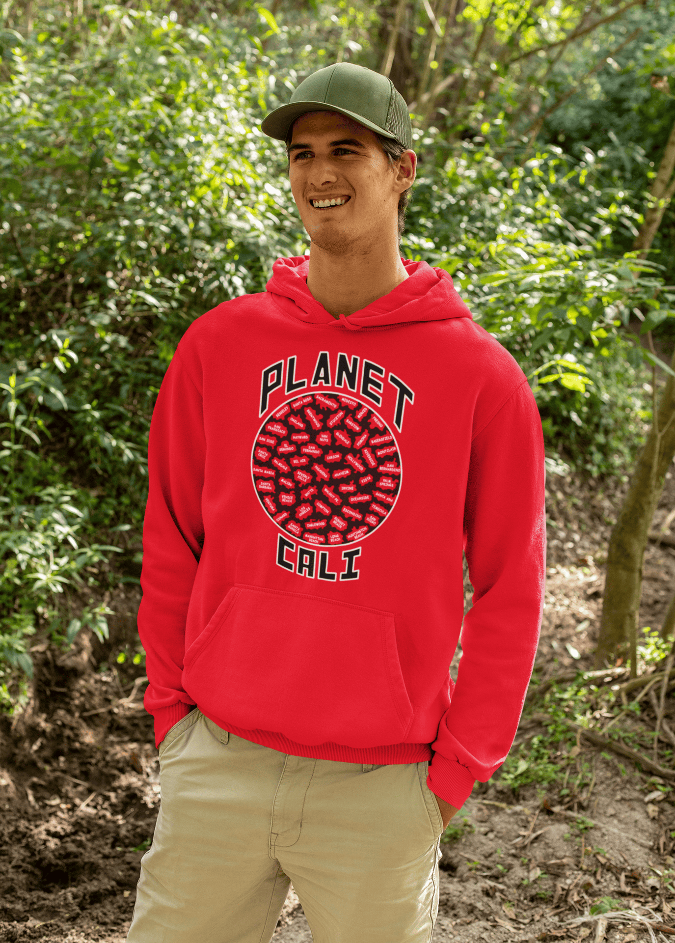 Planet-Cali-Red-hoodie-man-in-the-woods.png Planet Cali Hoodie - Image 1