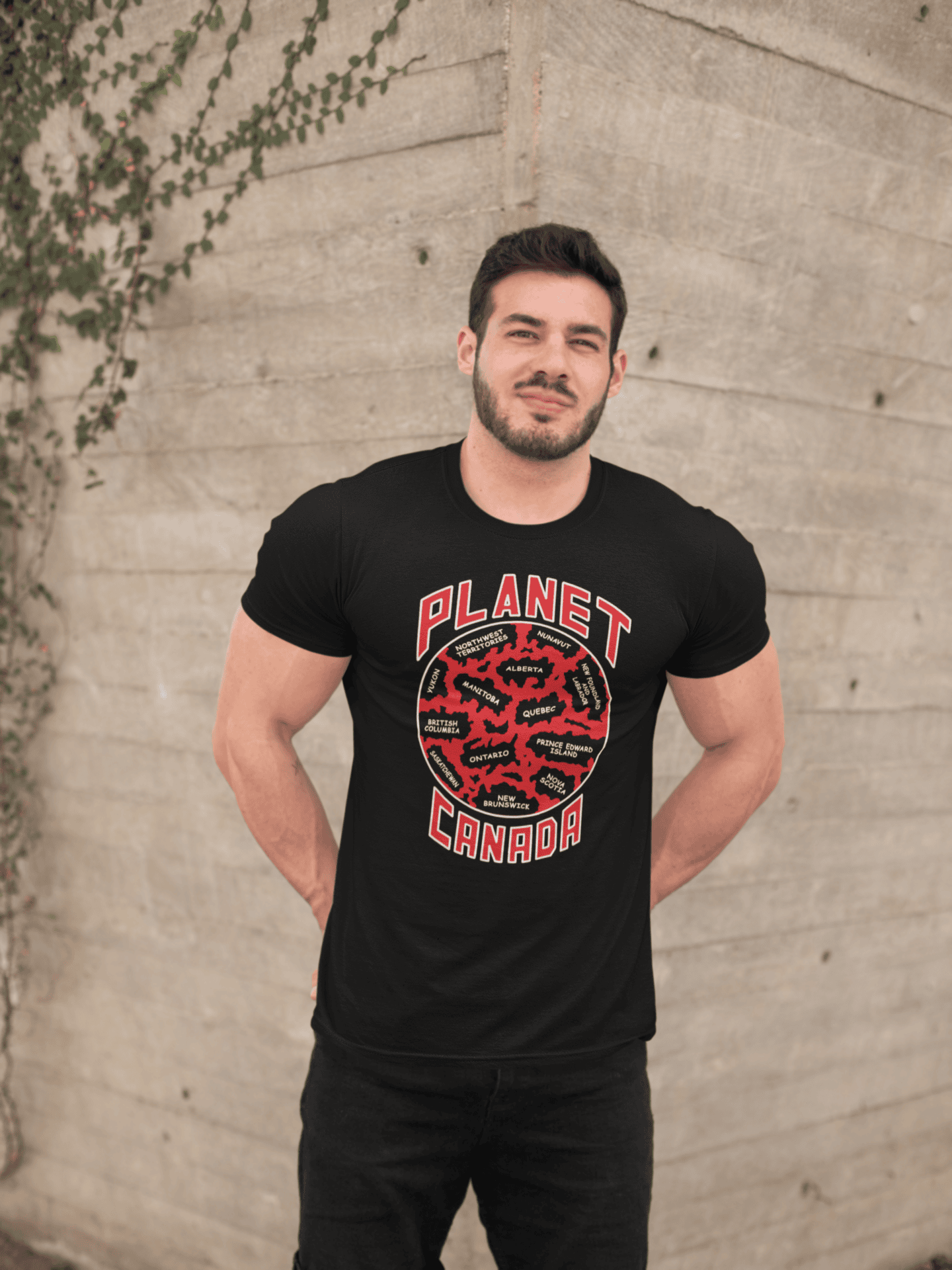 Planet-Canada-Black-SS-shirt-man-in-an-urban-scenario.png Planet Canada Short Sleeve - Image 1