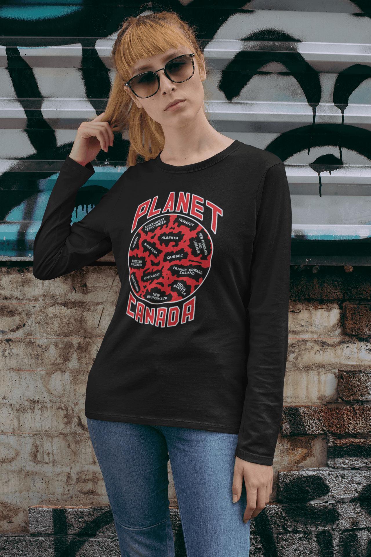 Planet-Canada-Black-long-sleeve-shirt-woman-touching-her-hair.png Planet Canada Long Sleeve - Image 1