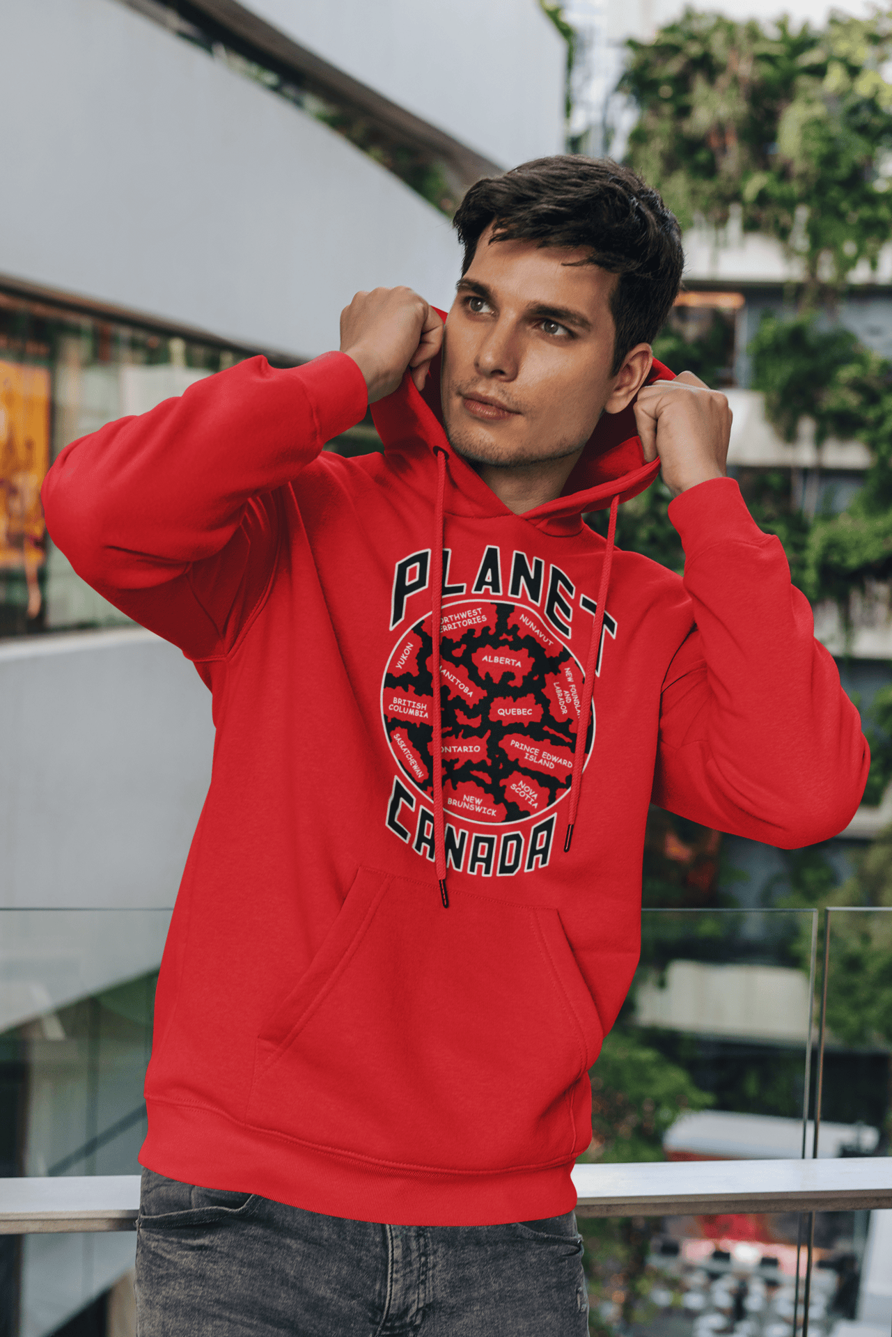Planet-Canada-Red-hoodie-man-with-short-hair.png Planet Canada Hoodie - Image 1