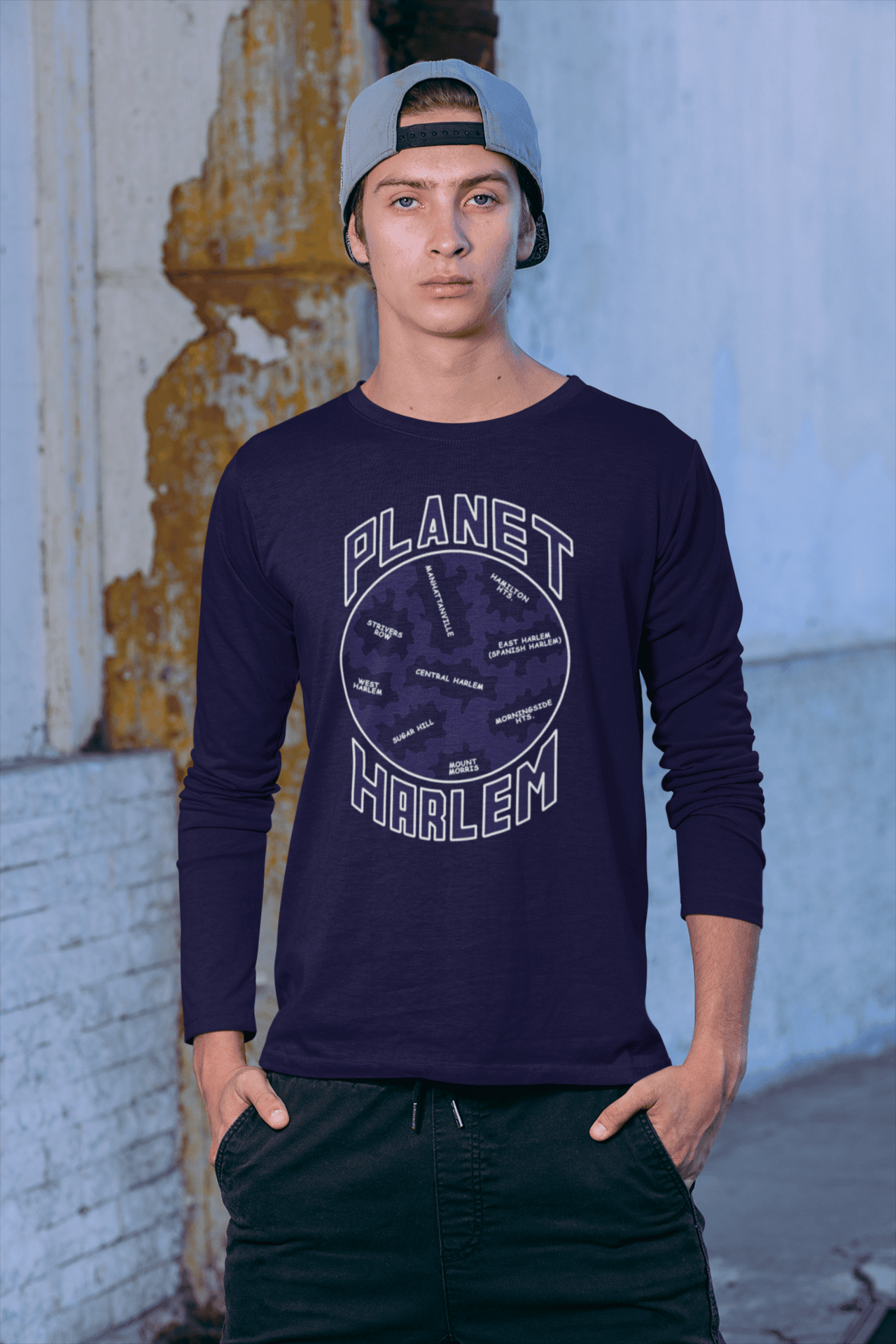Planet-Harlem-Navy-blue-Long-sleeve-shirt-man-in-urban-look.png Planet Harlem Long Sleeve - Image 1