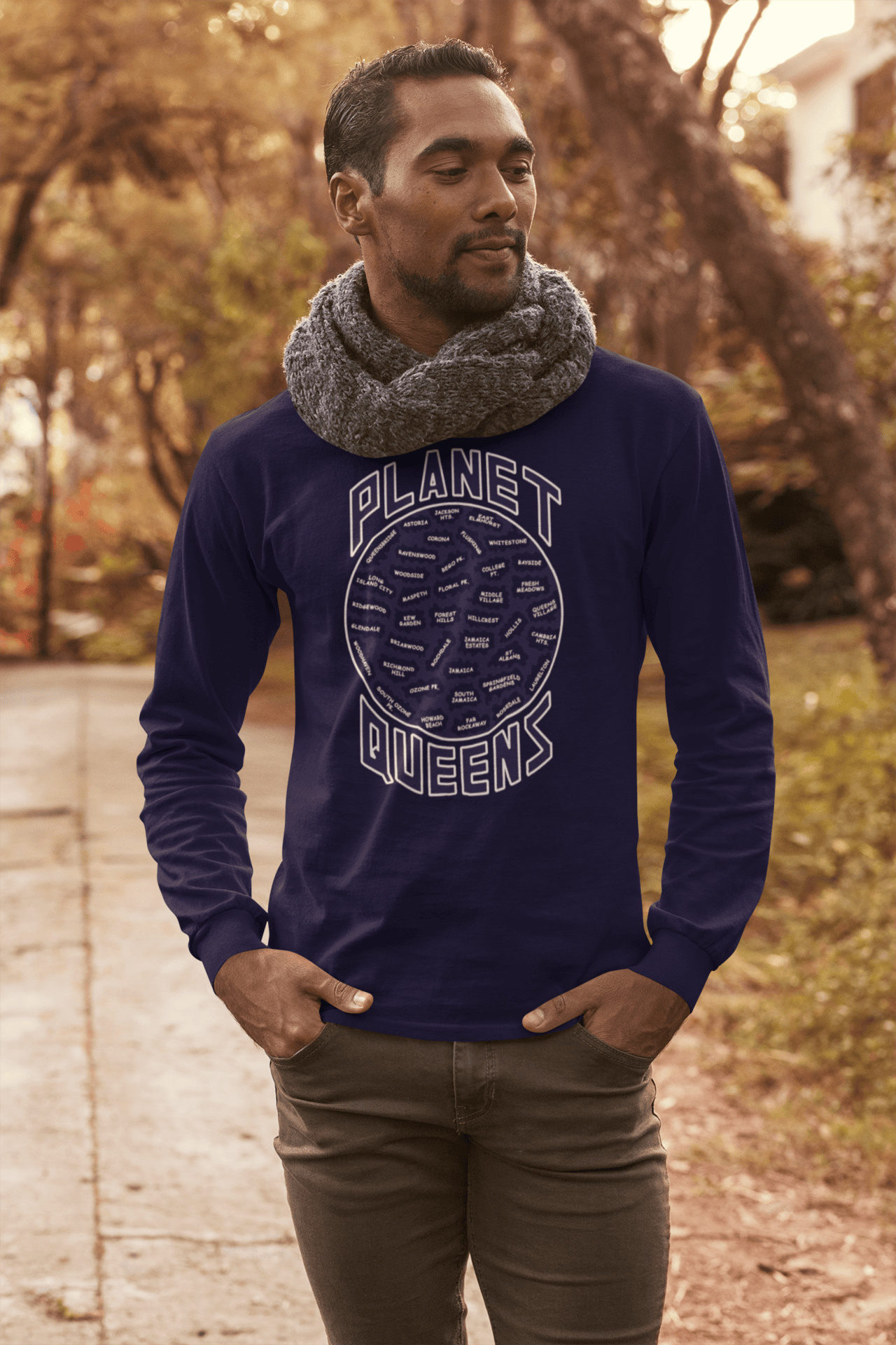 Planet-Queens-Navy-blue-long-sleeve-man-walking-on-the-street.png Planet Queens Long Sleeve - Image 1