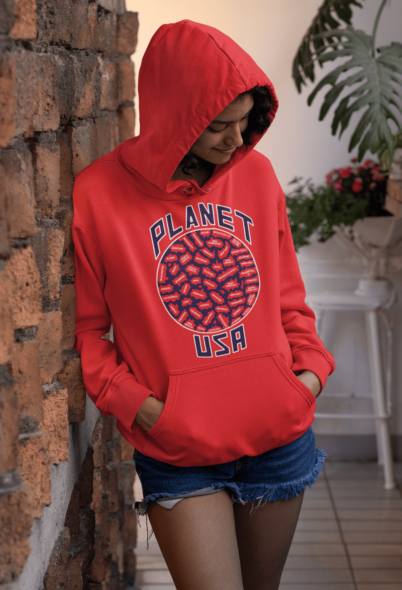 Planet-USA-Red-hoodie-joyful-woman.png Planet USA Hoodie - Image 1