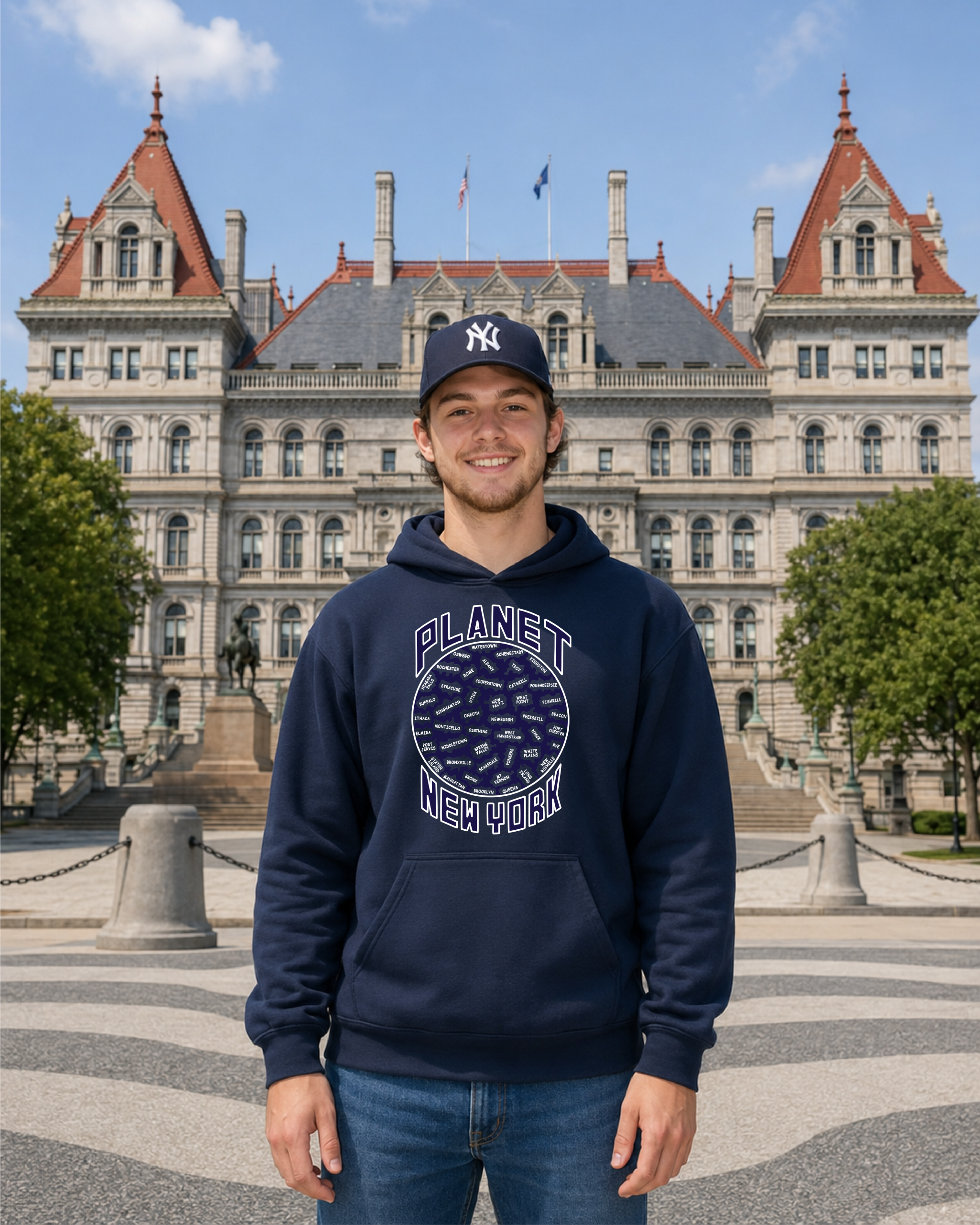 White male in front Albany NY capitol building Planet NY Navy blue hoodie Planet New York Hoodie - Image 1