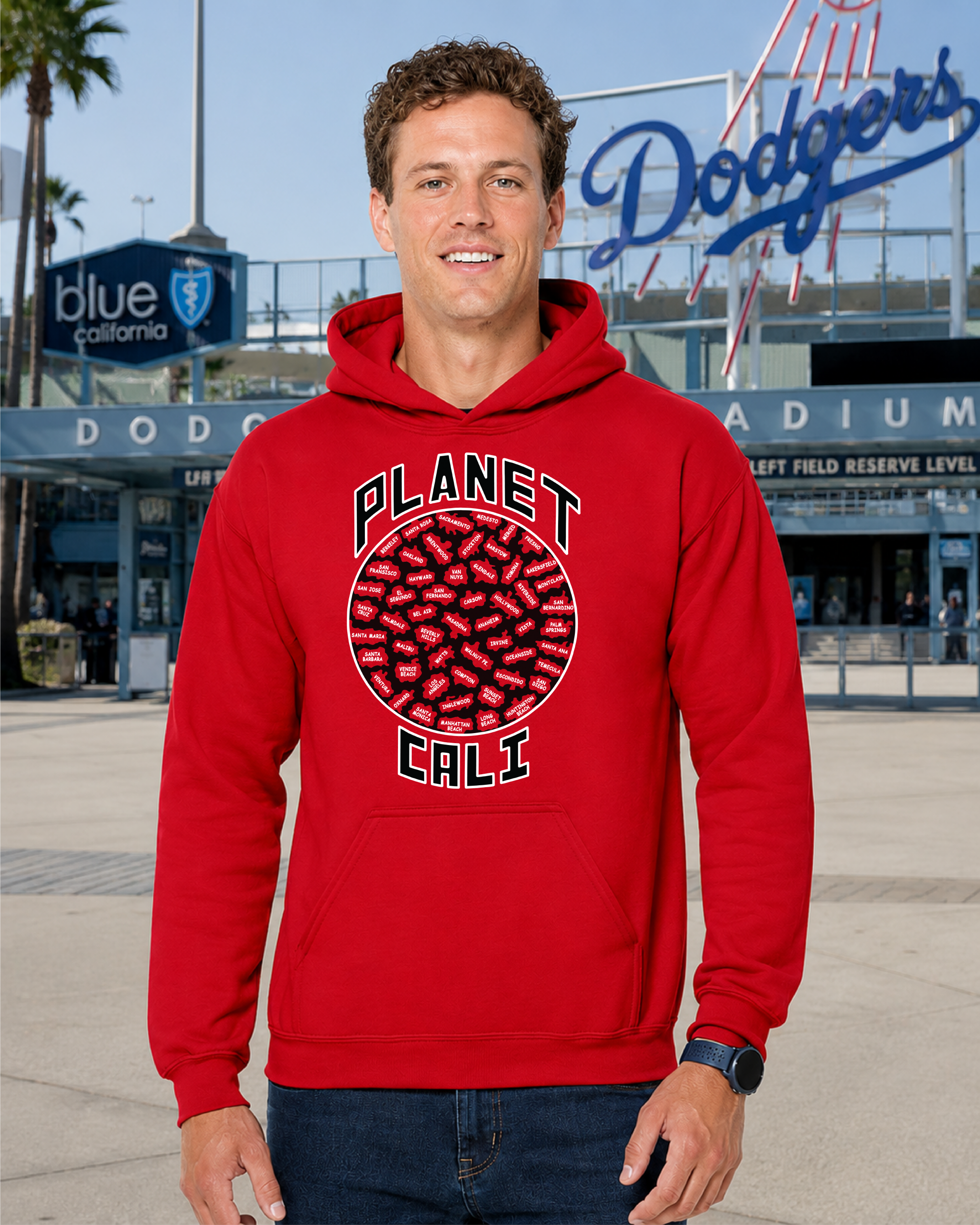 White man Dodgers stadium Planet Cali Red hoodie Planet Cali Hoodie - Image 1