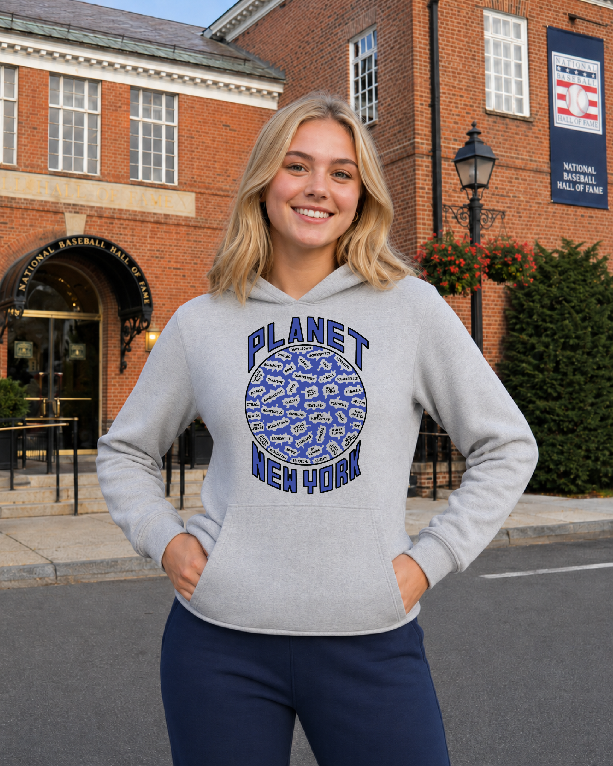 White woman Baseball Hall of Fame Planet NY Sports grey hoodie Planet New York Hoodie - Image 1