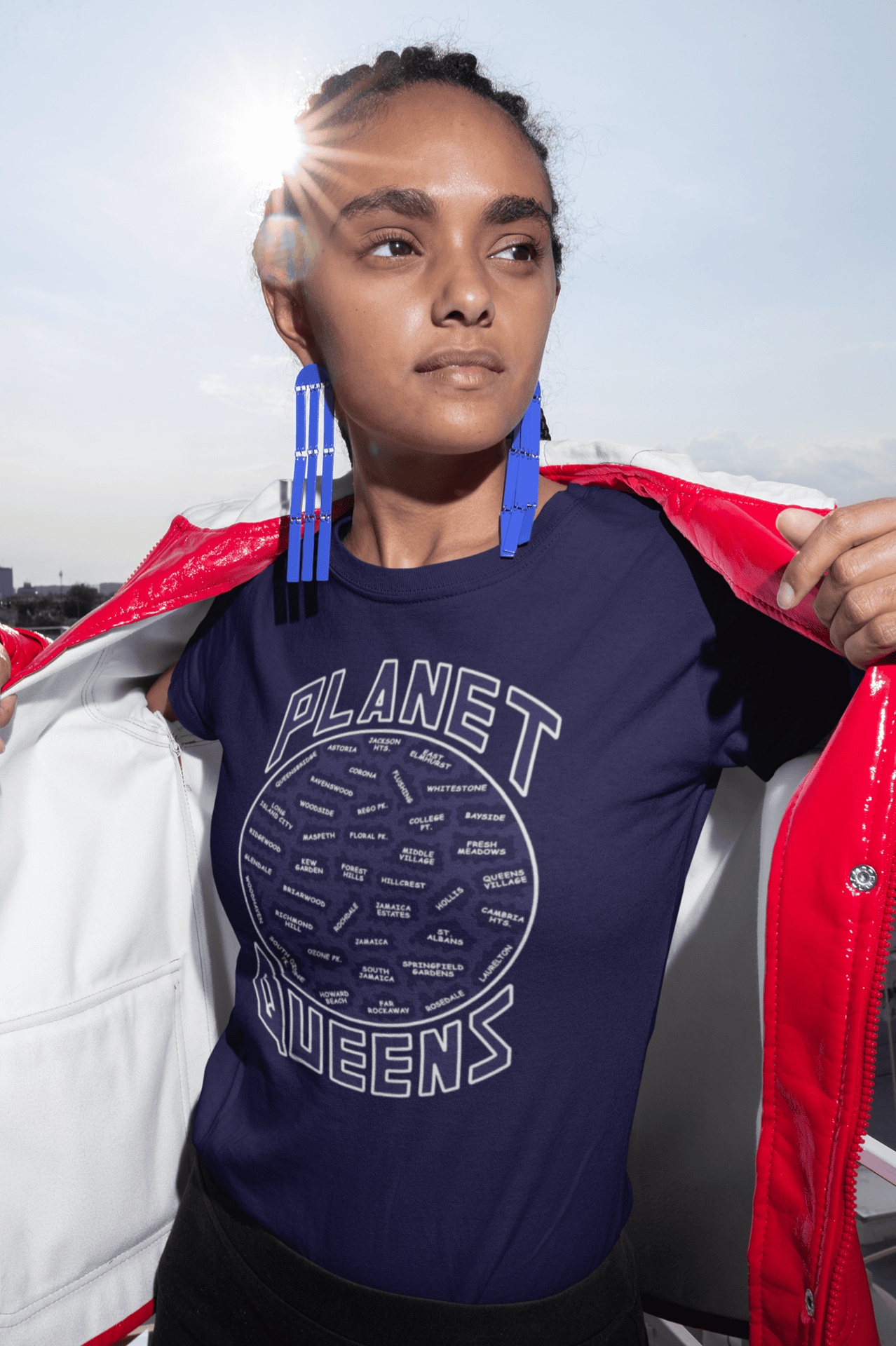 Planet-Queens-Navy-blue-SS-shirt-bright-red-jacket Planet Queens Short Sleeve - Image 1
